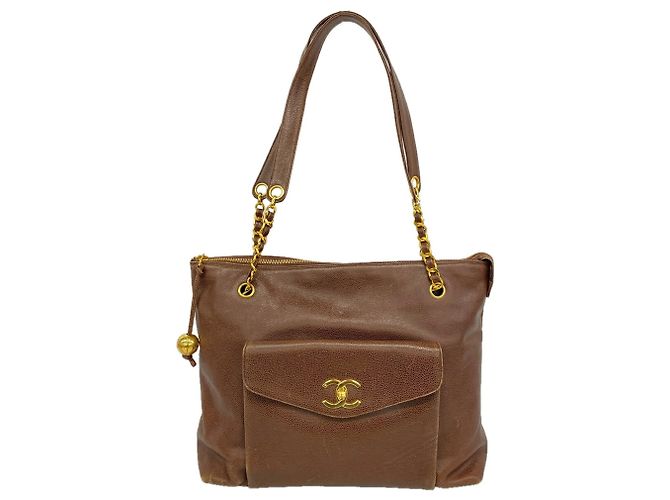 Saco Tote Chanel em couro de bezerro granulado castanho Marrom