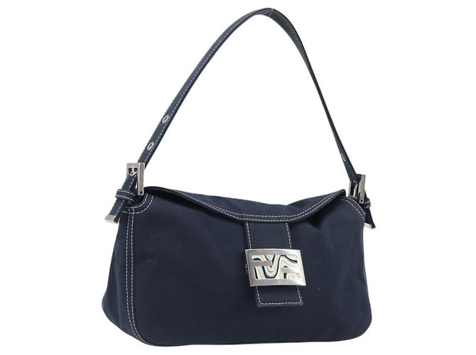 Borsa a tracolla FENDI Mamma Baguette Canvas Navy Silver Auth 199899A Argento Blu navy