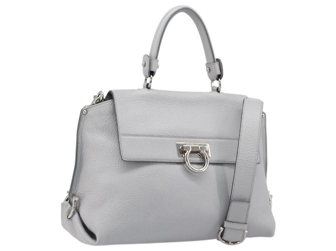 Salvatore Ferragamo Sofia Gancini Handtasche Leder 2way Grau Silber Auth 199218V Braun