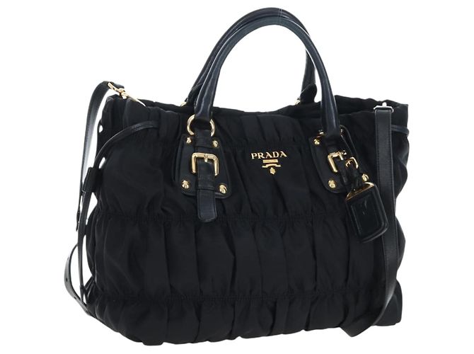 Bolsa de Mão PRADA Nylon 2way Preta Dourada Auth 200017V Preto Dourado