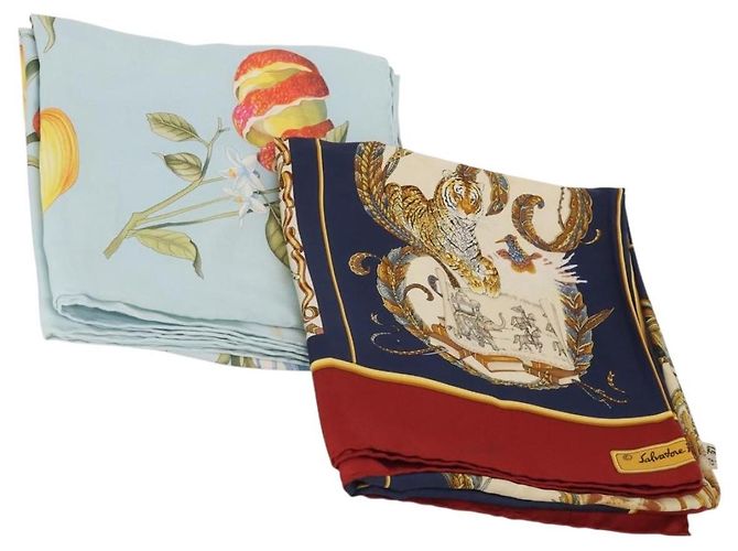 Set di 2 sciarpe in seta Salvatore Ferragamo Navy Light Blue Auth am12357 Blu navy Blu chiaro