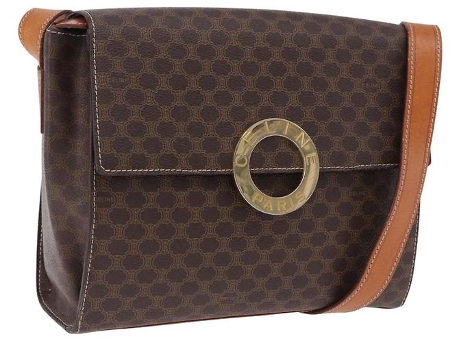 Céline Borsa a tracolla circolare CELINE Macadam Canvas PVC Pelle Marrone Oro Auth 200078A D'oro