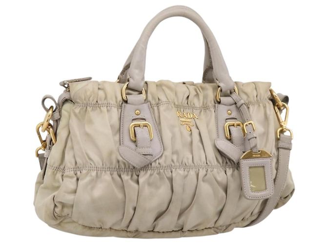 PRADA Geraffte Handtasche Nylon 2way Beige Gold Auth 201930 Golden