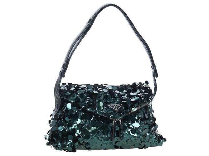 PRADA Shoulder Bag Sequin Green Silver Auth 199336SM Silvery