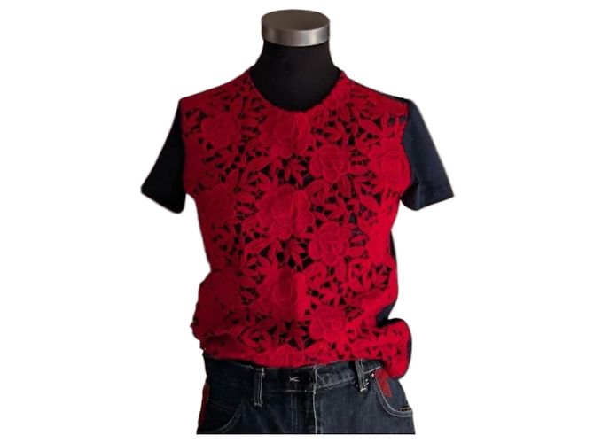 Prada T-shirt nera in cotone con pizzo guipure rosso Nero
