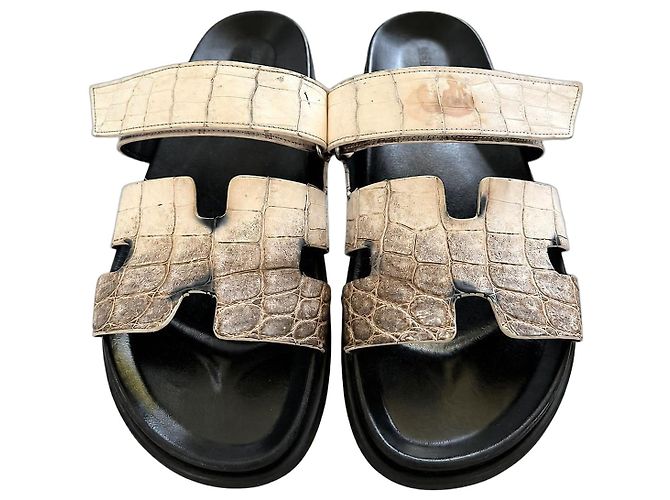 Hermès Chypre Alligator Leather Sandals Brown White
