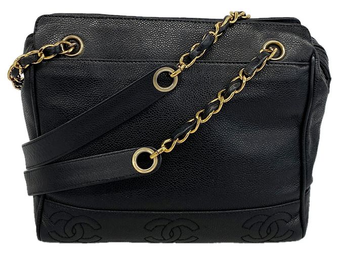 Chanel Triple Coco Schultertasche aus Kaviarleder Schwarz