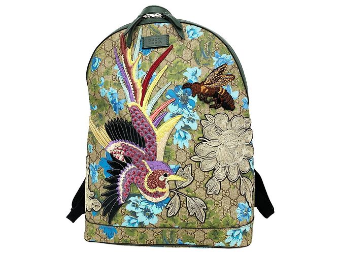 Zaino Gucci GG Supreme con ricamo a uccello Multicolore Beige