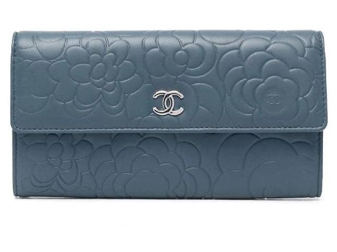 Chanel Wallet Blue Embossed Leather Camellia Logo