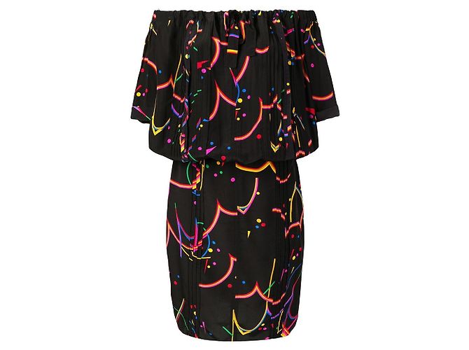 Prada Kleid aus Seide Schwarz mit abstraktem Print Off-the-shoulder