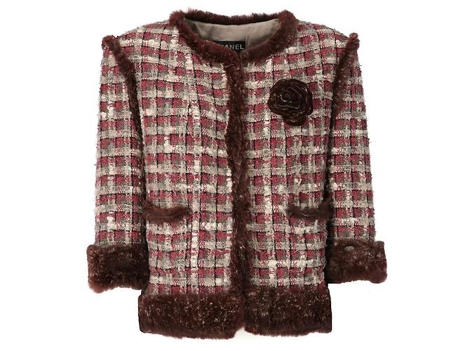 Giacca Chanel in tweed di seta bordeaux e beige Bordò