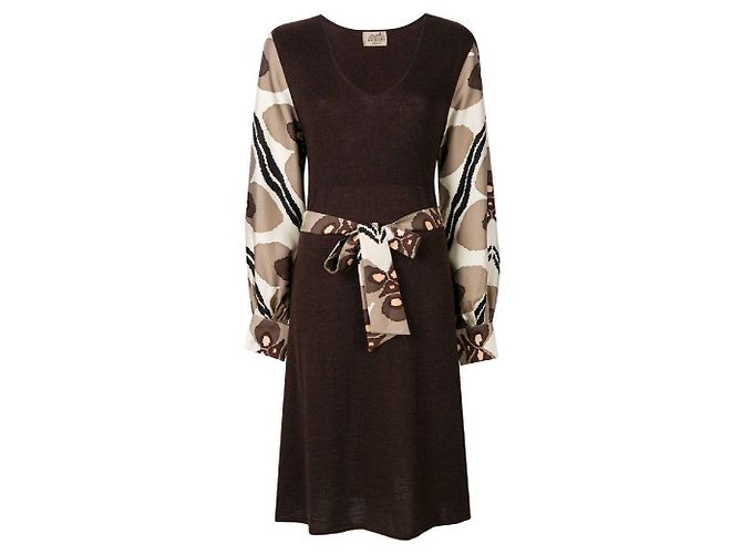 Vestido Hermès em lã e seda castanho e bege Marrom