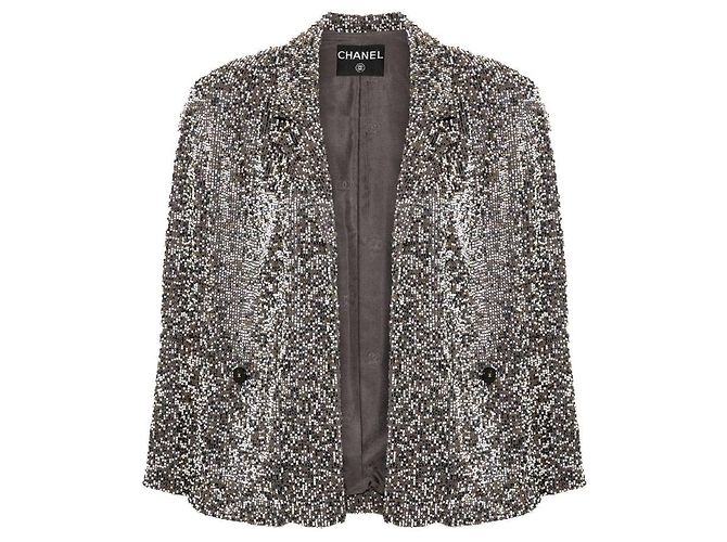 Chaqueta Chanel de algodón con cuentas gris dorado y blanco
