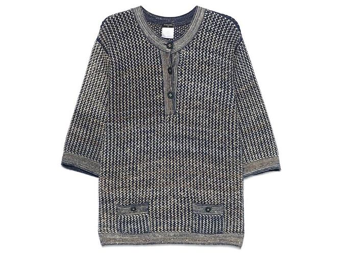 Pull Chanel en maille perforée soie bleu et beige