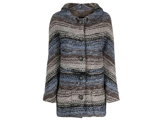 Cappotto Chanel in lana grigio blu e nero Multicolore