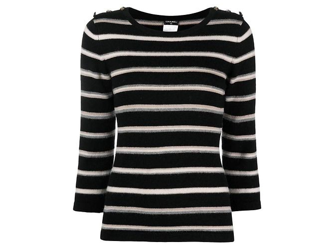 Chanel Gestreifter Kaschmir Pullover Schwarz Rosa Weiß Grau