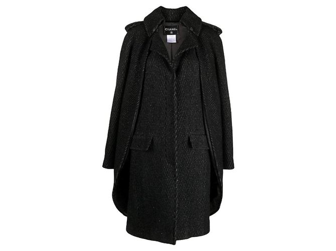 Chanel Black Herringbone Wool Cape Coat