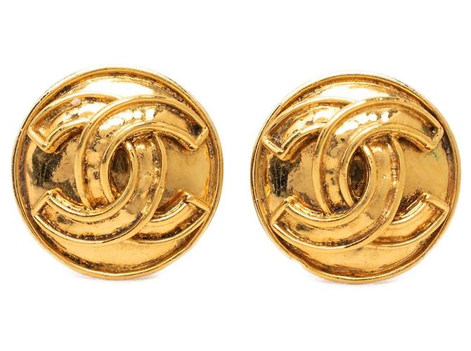 Gold Chanel CC Gold Plated Round Clip On Earrings Golden