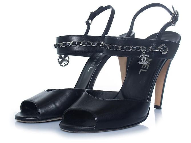 Chanel, back leather chain peep-toe slingback heels Black