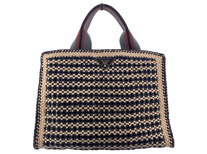Prada Borsa Tote e borsa a mano Madras in pelle intrecciata beige e nera Multicolore