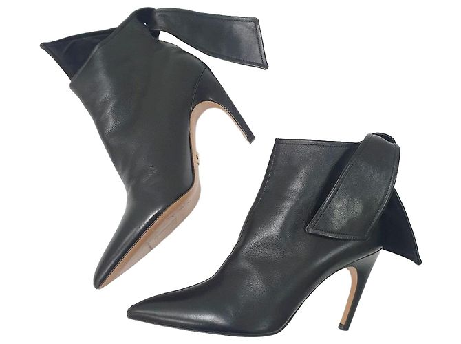 Christian Dior Black Leather Ties Heels Booties sz.39 Pre-Owned