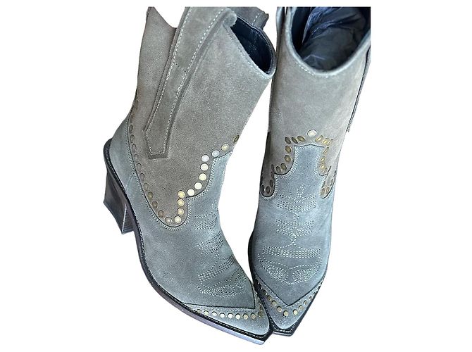 Zadig & Voltaire Suede Studded Western Ankle Boots Khaki