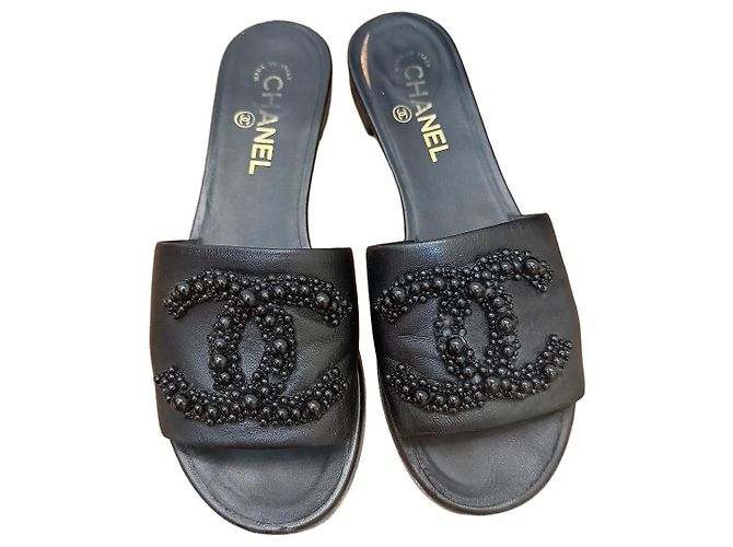 Chanel CC Embellished Leather Slides Black