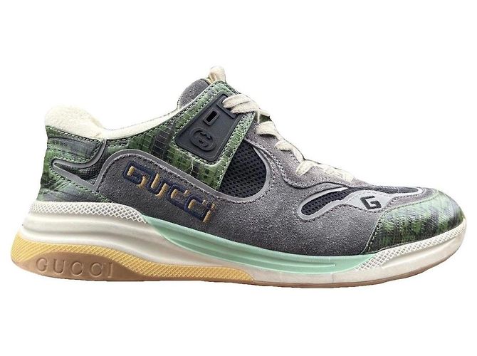 Baskets Gucci en cuir et daim Blanc Vert Gris