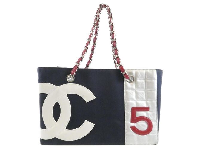 Chanel 18643 Handtasche Lammleder und Canvas Marine Rot Weiß Marineblau