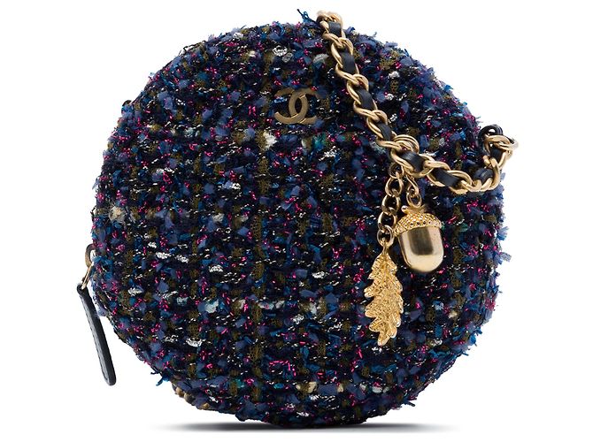 Chanel Bolso bandolera redondo de tweed acolchado CC morado Púrpura