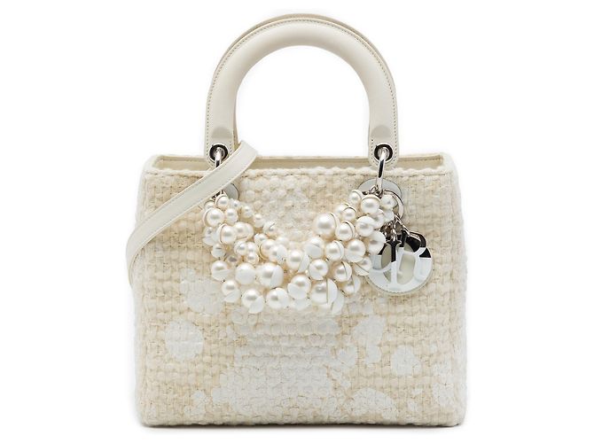 Autre Marque Dior Brown Medium Tweed Pearl Lady Dior Marrom Bege