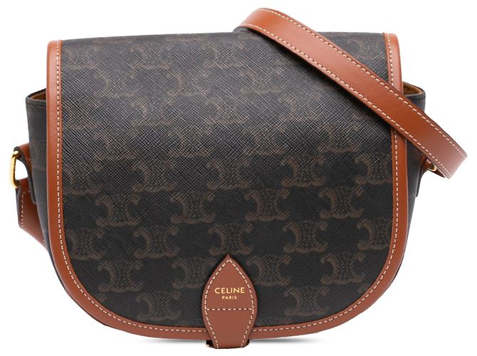 Céline Celine Brown Medium Triomphe Coated Canvas Folco Crossbody Marrone Marrone scuro