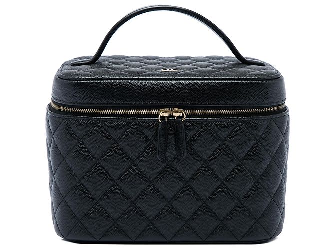 Necessaire Chanel Black CC Quilted Caviar Vanity Case Nero