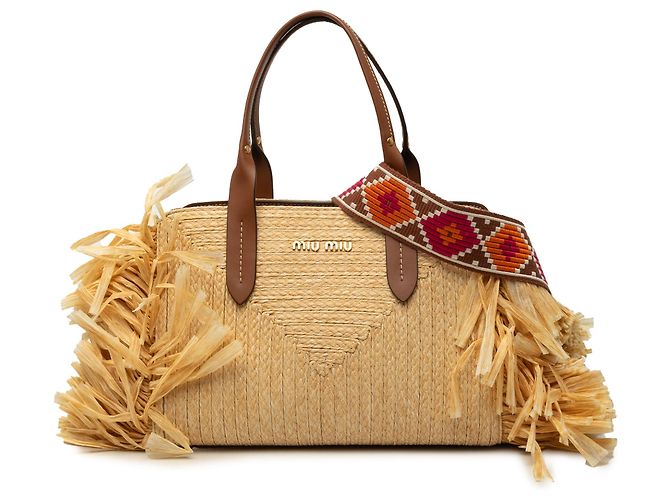 Bolso Satchel Miu Miu de rafia beige con flecos