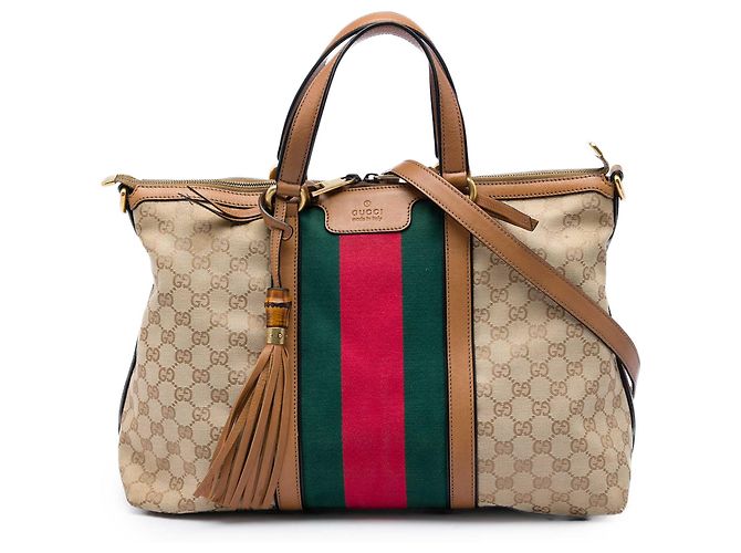 Borsa Gucci Rania Top Handle Medium in tela GG beige con banda Web