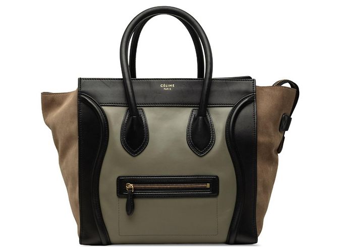 Céline Celine Luggage Medium Shopper Handbag Black Beige Green Khaki