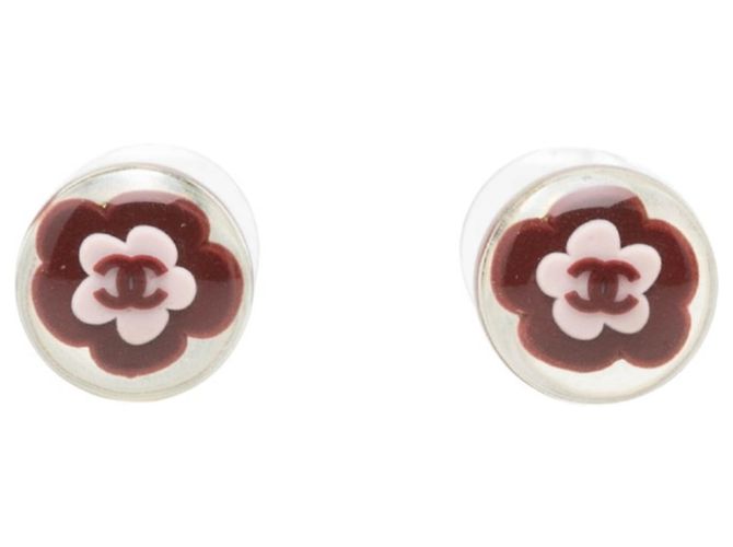 Chanel Coco Mark Camellia runde Stecker-Ohrringe Silber Rot