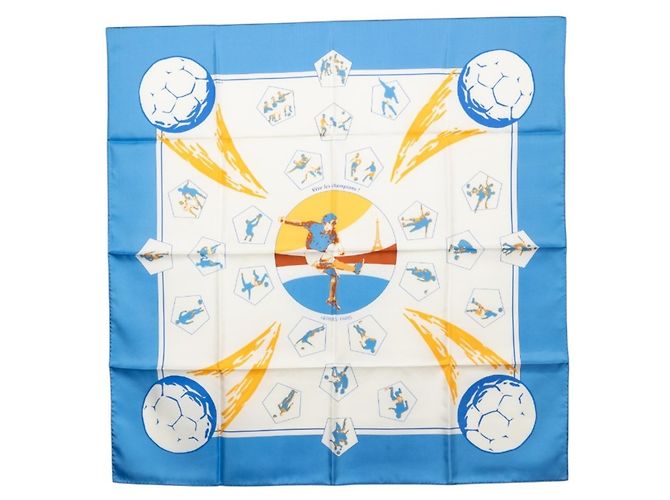 Hermès Lenço de seda Hermes Carre 90 Vive Les Champions Azul Multicor