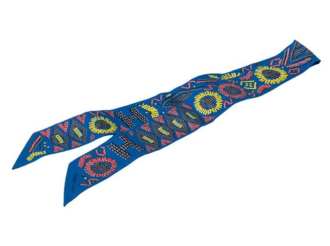 Hermès Lenço de seda Hermes Twilly Kelly en Perles Azul Multicor