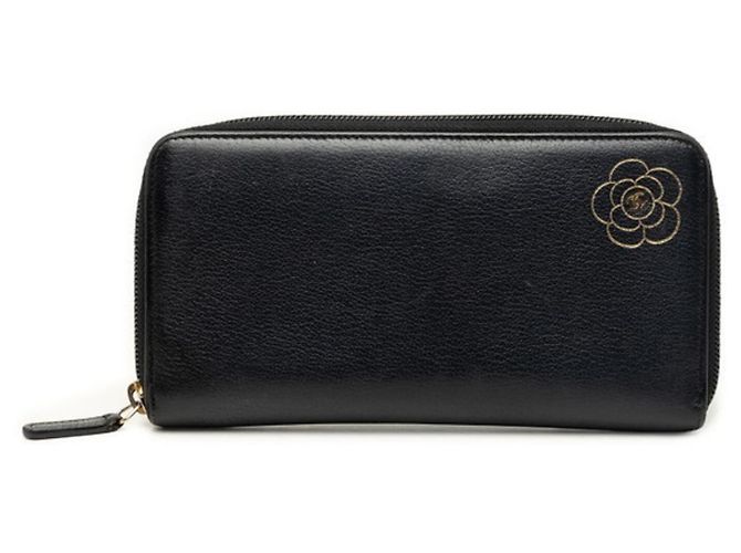 Chanel Camellia Coco Mark Round Zipper Long Wallet Black Golden