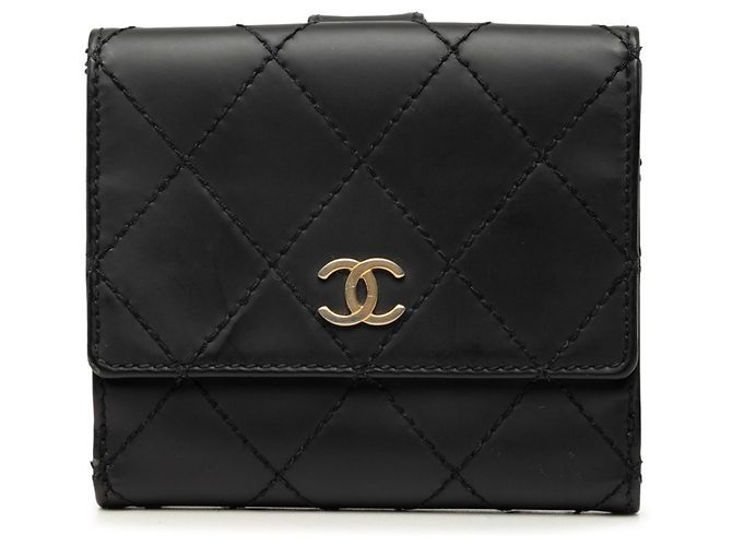 Chanel Wild Stitch Coco Mark Bi-fold Geldbörse Schwarz