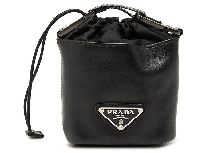 Prada Triangle Logo Plate Drawstring Handbag Pouch Black