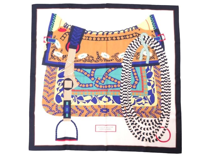 Hermès Lenço de seda Hermes Carre 90 SILLA DE GAUCHO Branco Multicor Bege
