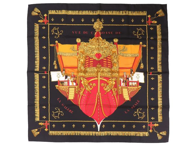 Hermès Lenço de seda Hermes Carre 90 Queen's Coronation Preto Vermelho Amarelo