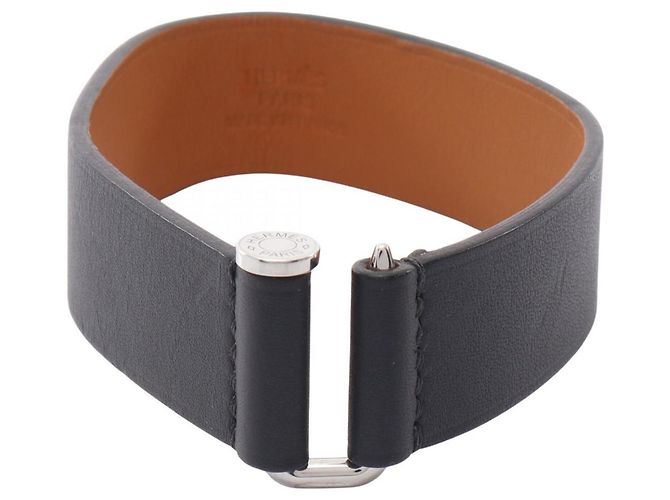 Hermès Pulsera de cuero Hermes Sellier Negro Plata