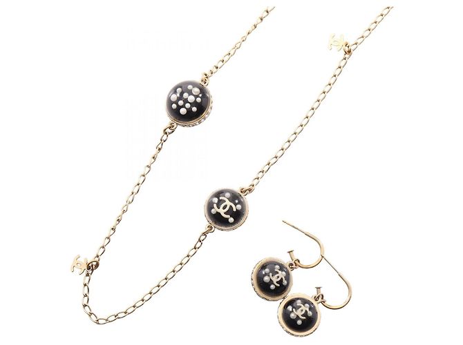 Conjunto de Colar e Brincos Chanel 10C Coco Mark Preto Dourado