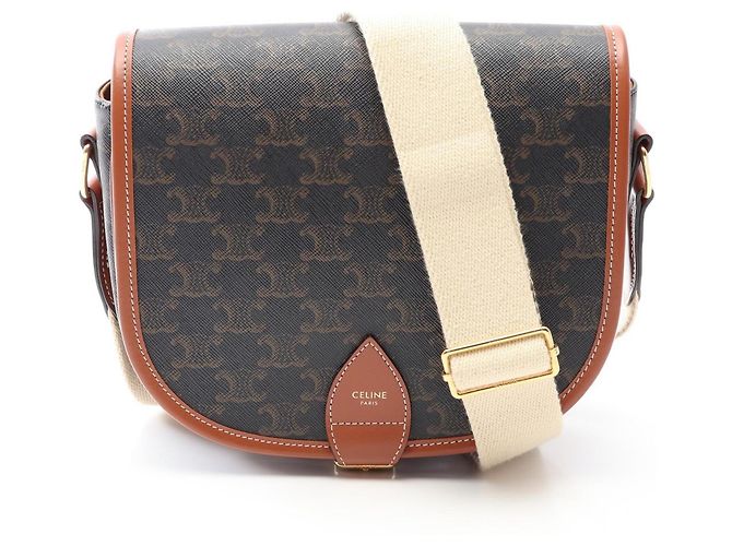 Céline Bolsa de Ombro Celine Large Strap Folco Triomphe Marrom Preto