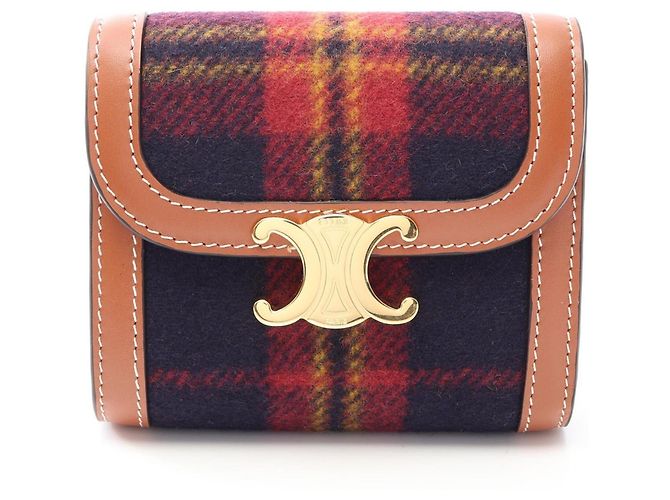 Céline Celine Triomphe Tartan Check Small Flap Wallet Brown Multiple colors Navy blue