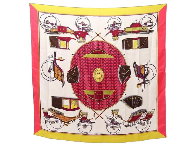 Hermès Lenço Hermes Carre 90 Les Voitures a Transformation Rosa Branco Multicor
