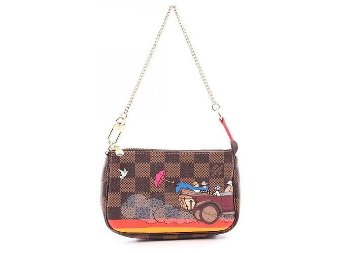Bolsa Louis Vuitton Mini Pochette Accessoires Damier Ebene Illustré Marrom Multicor